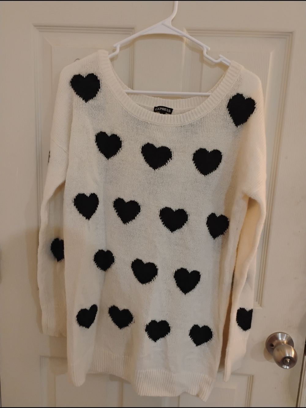 Express Ivory Crewneck Sweater with Black Heart Pattern